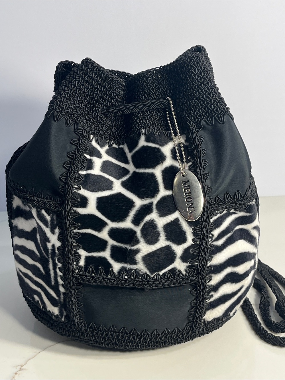 Merona Black & White Animal Print Drawstring Bucket Bag with Crochet